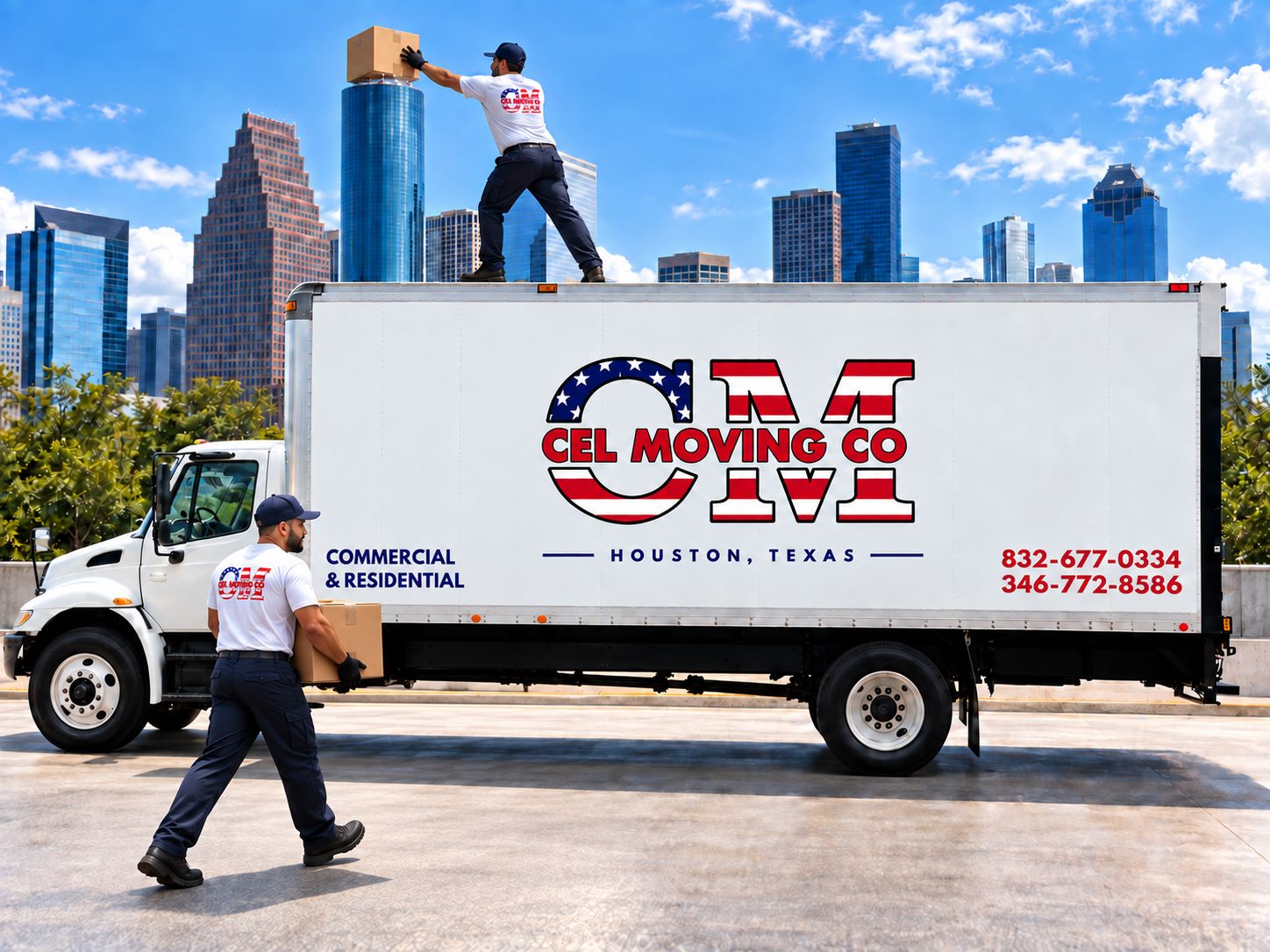 Cel Moving Co. crew loading boxes beside their moving truck with the Houston skyline behind